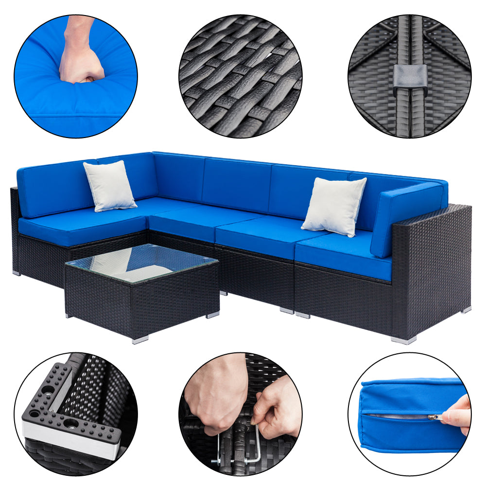 Blue and Black PE Rattan Patio Sectional Set with Table E66707