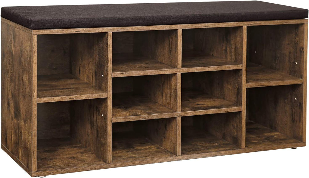 Rustic Brown and Brown 10 Compartments Shoe Bench with Cushion F546