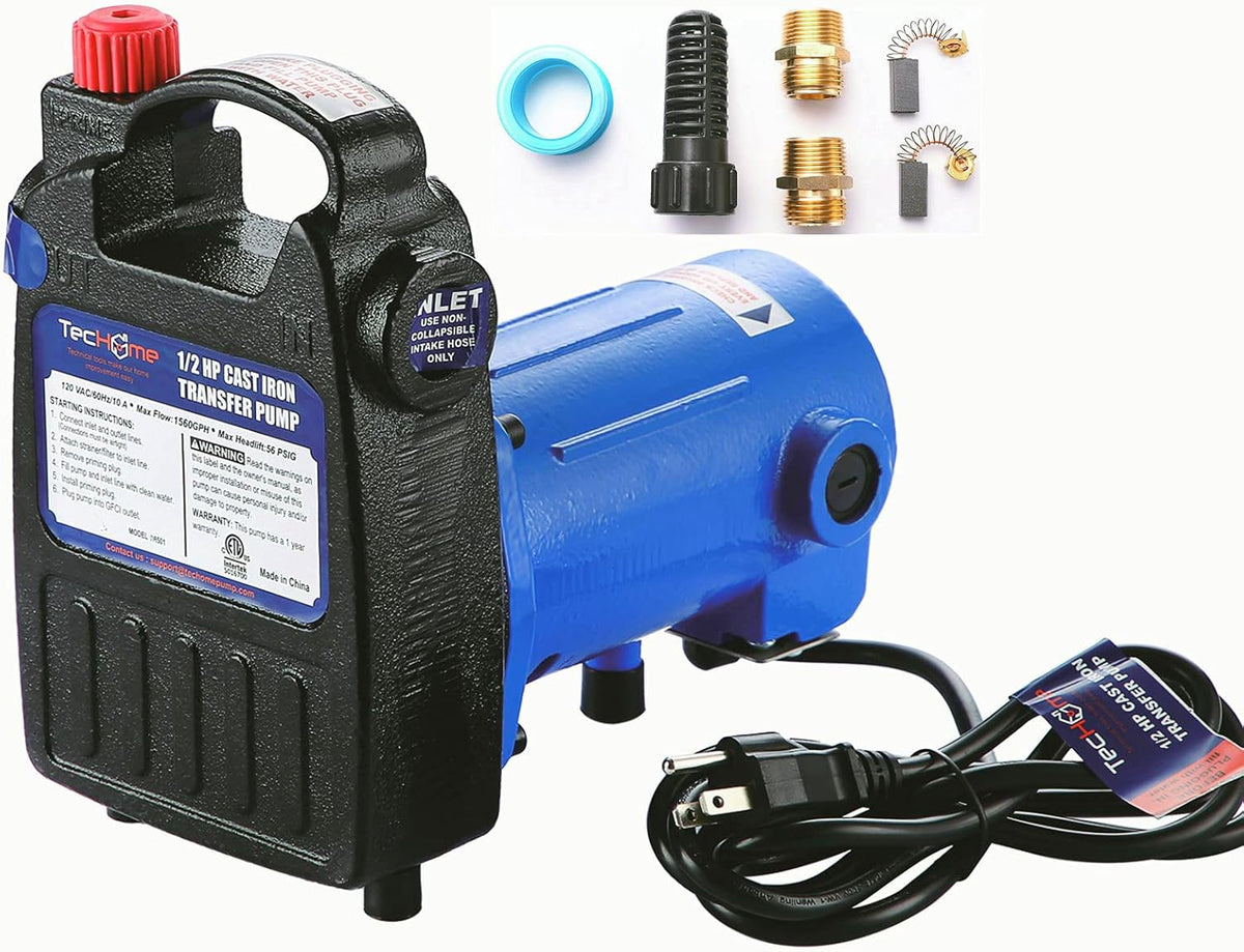 120V 1/2HP 1560GPH Cast Iron Portable Water Pump with Suction Strainer and Brass Connectors T513