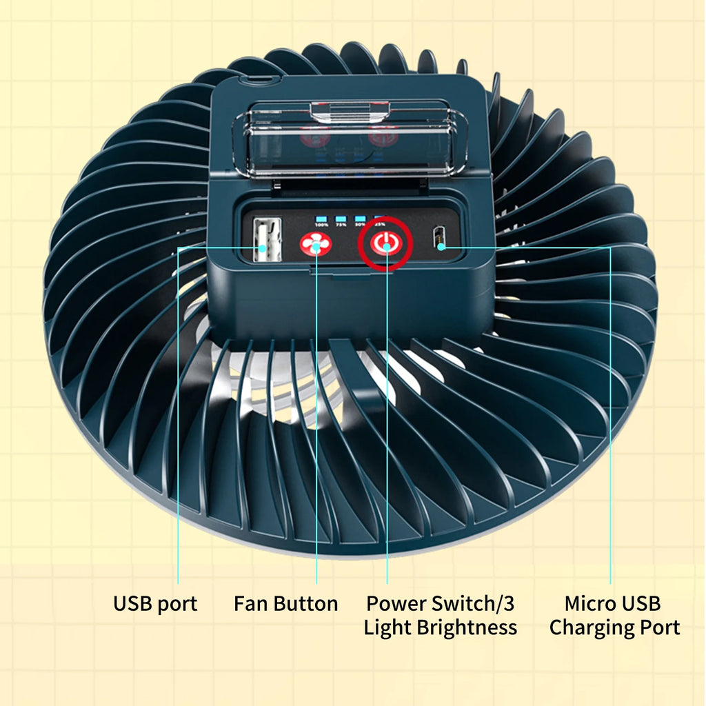 LED Hanging Fan 2 in 1 Camping Tent Fan with Hanging Hook Back Magnet B610