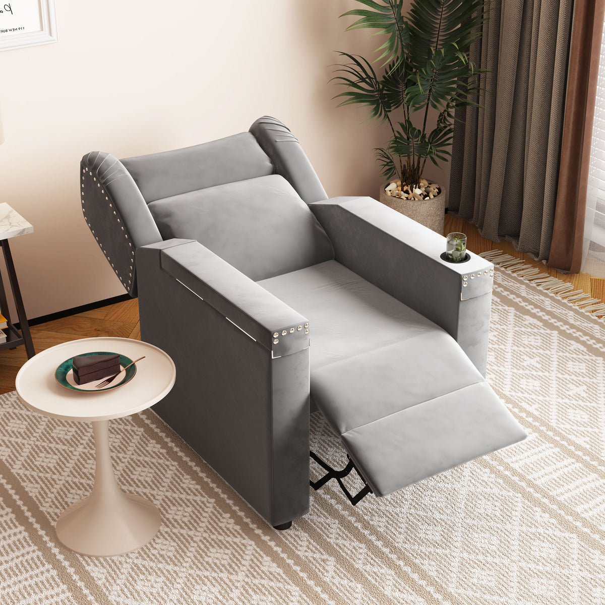 Gray Velvet Recliner Chair with Cup Holder and Table L23294