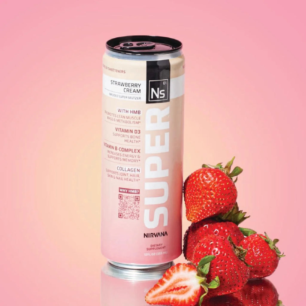 Strawberry Cream HMB-infused Seltzer with Vitamin D3, B-Complex, Caffeine, and Collagen (12 fl oz cans) W358677
