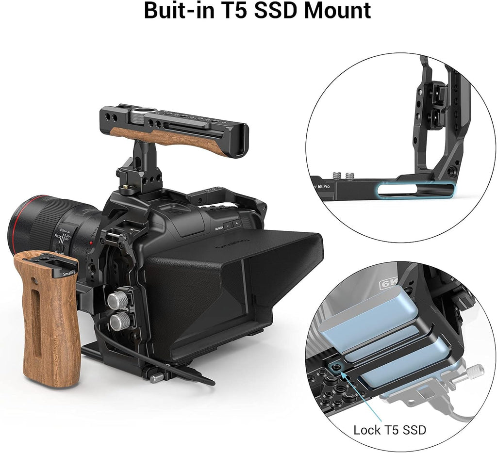 Camera Cage Accessory Kit with Top Handle Wooden Side Handle HDMI Cable Clamp SSD Clamp Sunhood NATO Rail Screen Protector V551317