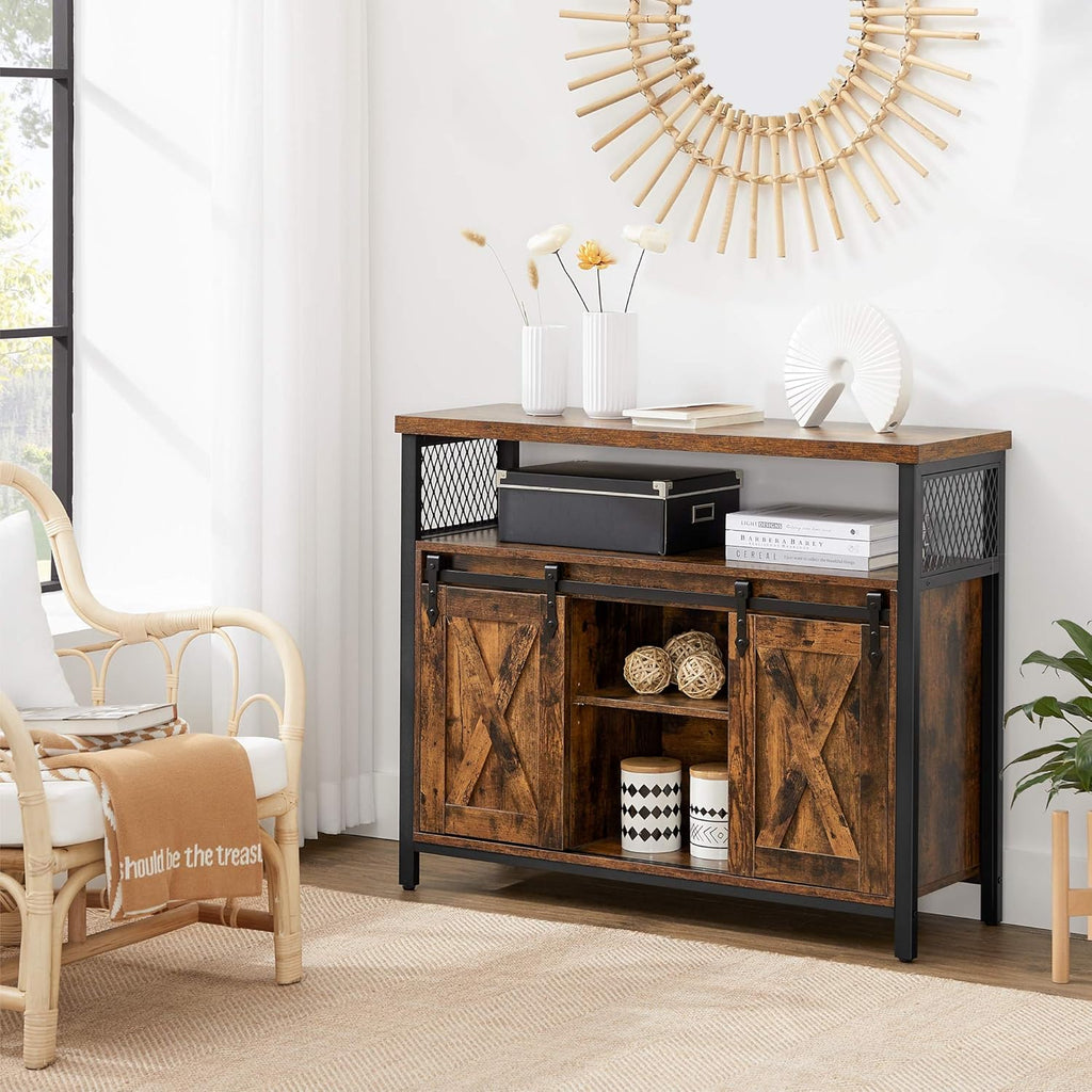 Rustic Brown and Black Buffet Cabinet with Adjustable Shelf J98767