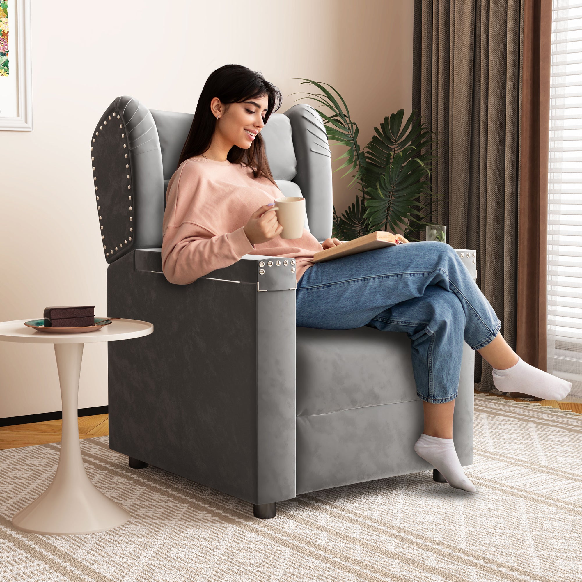 Gray Velvet Recliner Chair with Cup Holder and Table L23294
