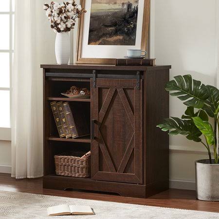 Rustic Brown Wash Sliding Barn Door Accent Storage Console Cabinet C7631
