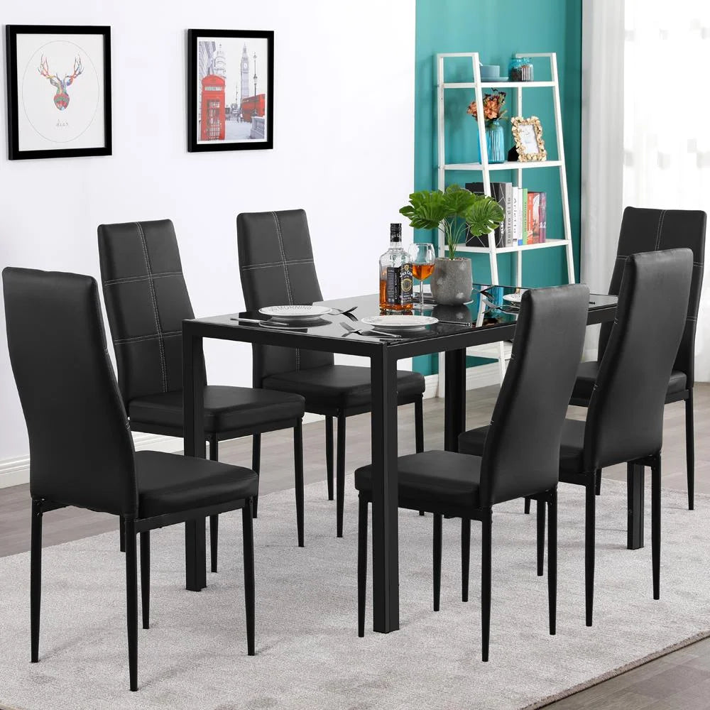 7 Pcs Glass Dining Table Set with 6 Chairs, Black R538090