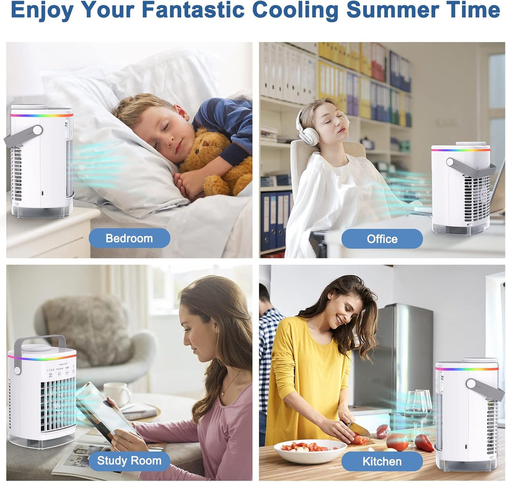 Portable Desktop Air Cooler Fan with 4 Wind Speed, LED Light, 2 Spray Humidify, 2-8H Timer, Pack of 2 E6357