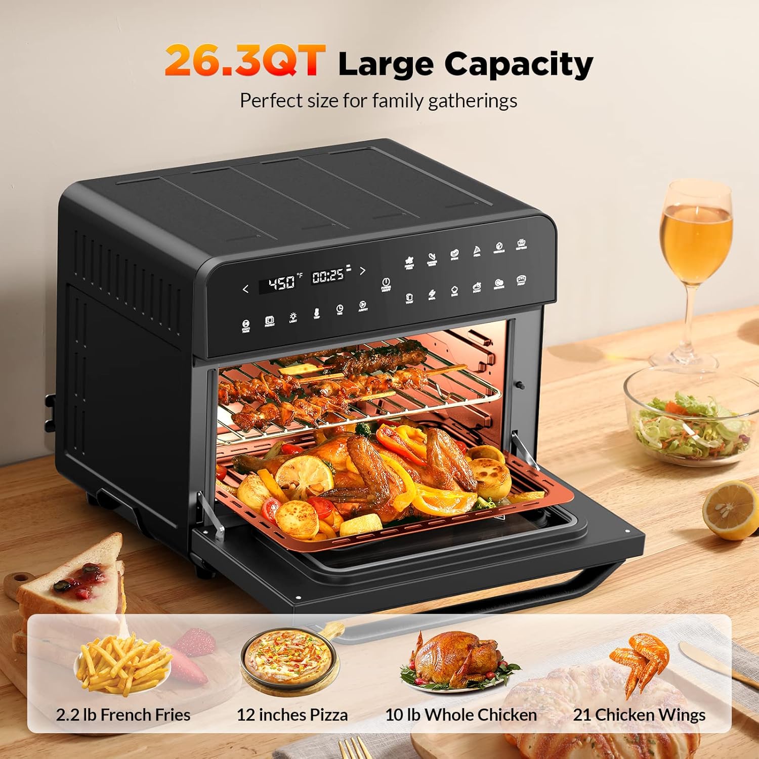 Extra-Large Convection Toaster Oven, 12-in-1 Air Fryer Combo, Black Nonstick Stainless Steel D780292