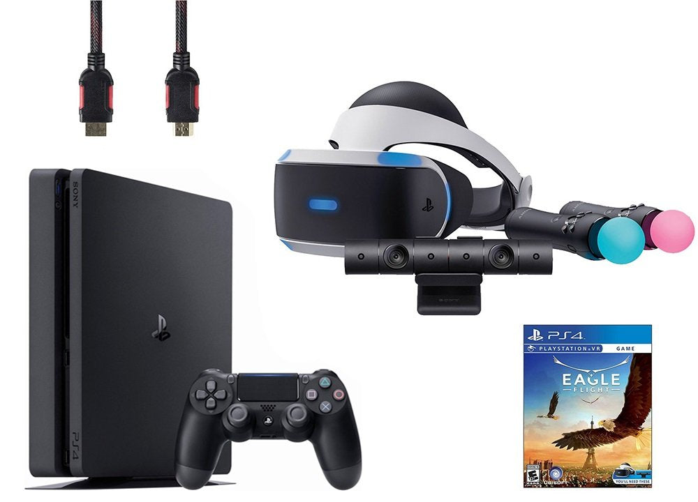 VR Headset, Move Controller, Camera Motion Sensor, PS4 Slim 1TB Console Jet Black, VR Game Disc R15204