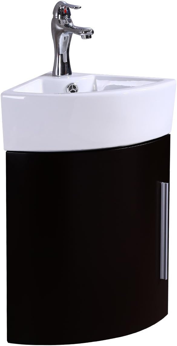 White Vitreous China Wall Mount Vanity Sink with Dark Oak Cabinet and Chrome Faucet N6906