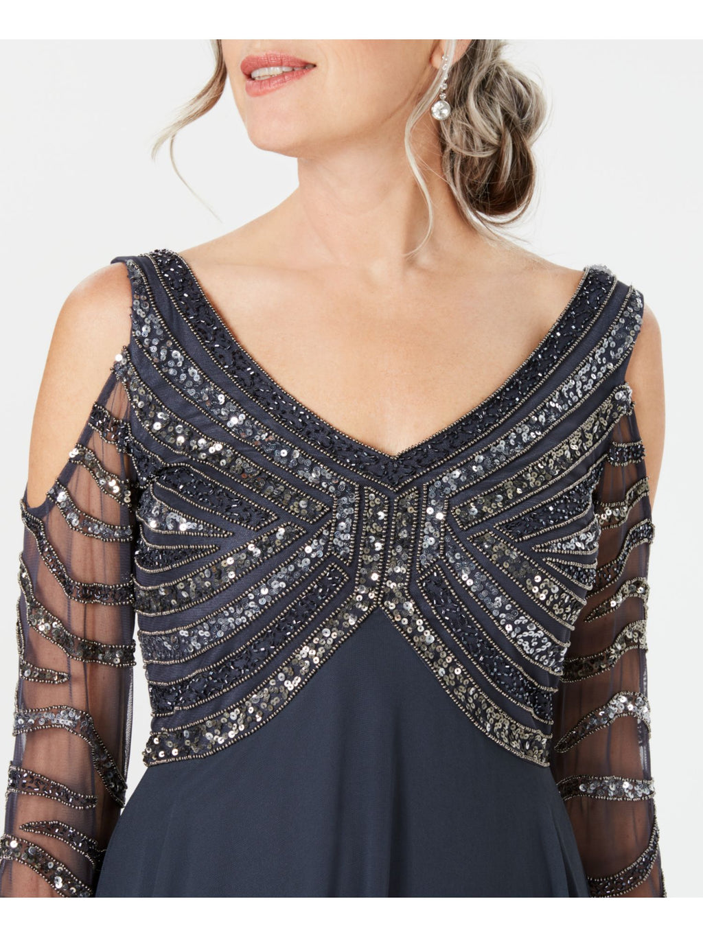 Gray Sequined Long Sleeve V Neck Knee Length Fit + Flare Dress 12 M7169