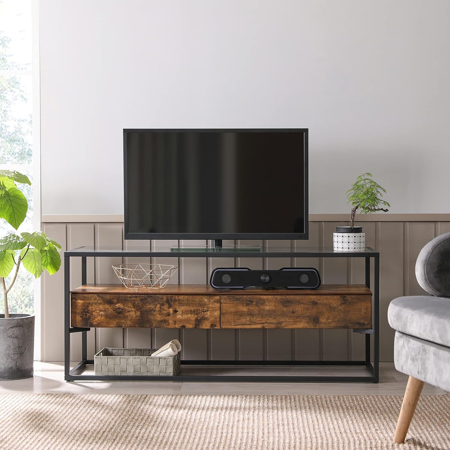 Rustic Brown and Black TV Cabinet with 2 Drawers N239006