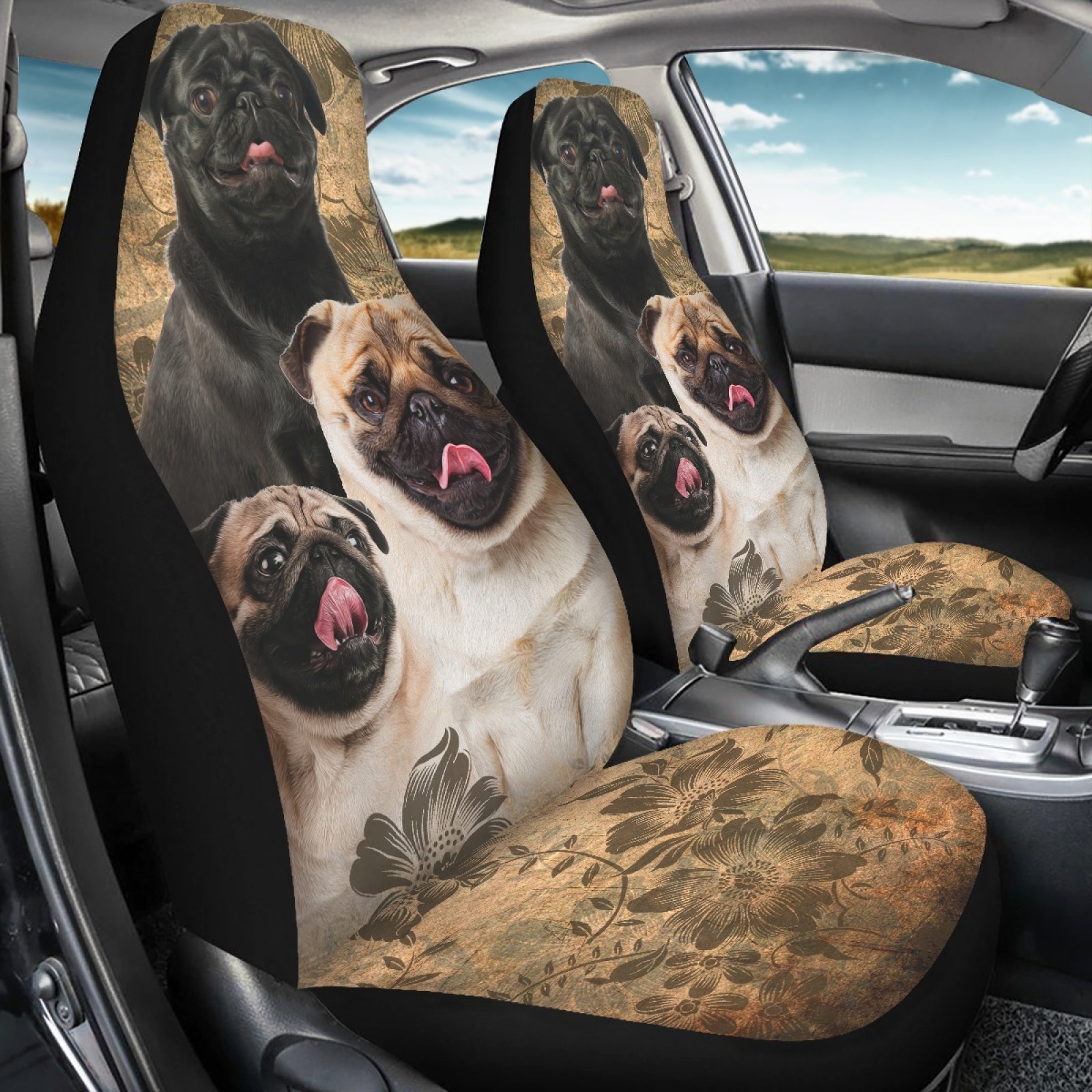Pug Dog Floral Print Seat Covers, Set of 2 Pcs Y816