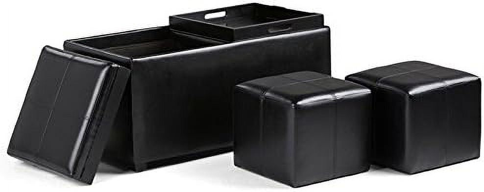 Black Faux Leather 5 Piece Ottoman Coffee Table with 2 Serving Trays W8671