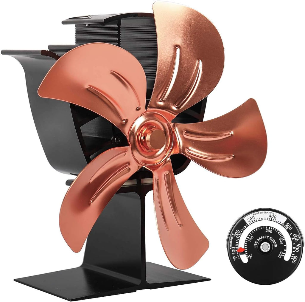 5-Blade Heat Powered Stove Fan with Stove Thermometer (Aluminium Gold, Large Size) Pack of 2 H94692