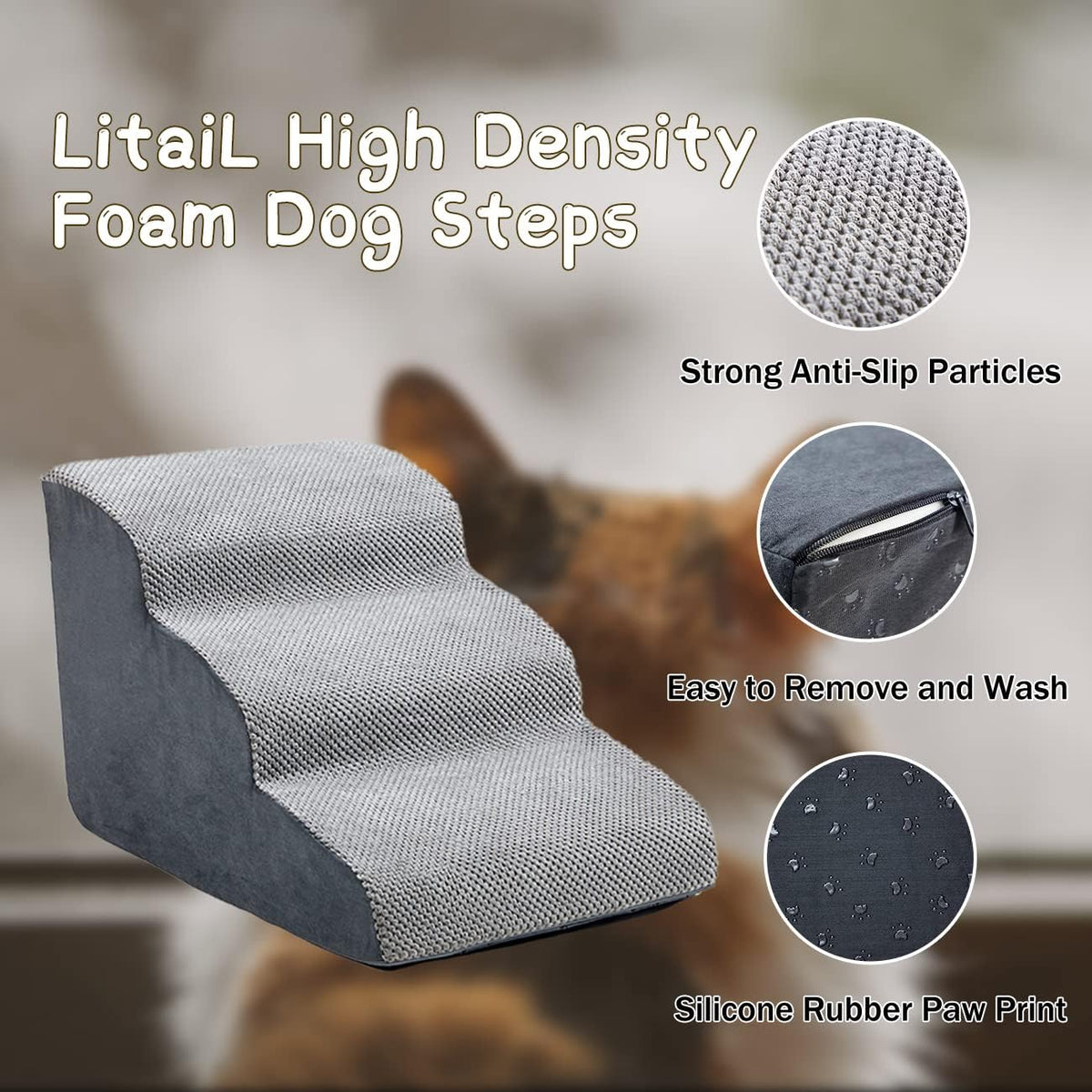 3 Tiers Non-Slip Foam Dog Ramp Stairs for Sofa Q73364