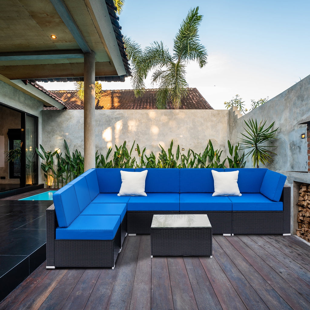 Blue and Black PE Rattan Patio Sectional Set with Table E66707