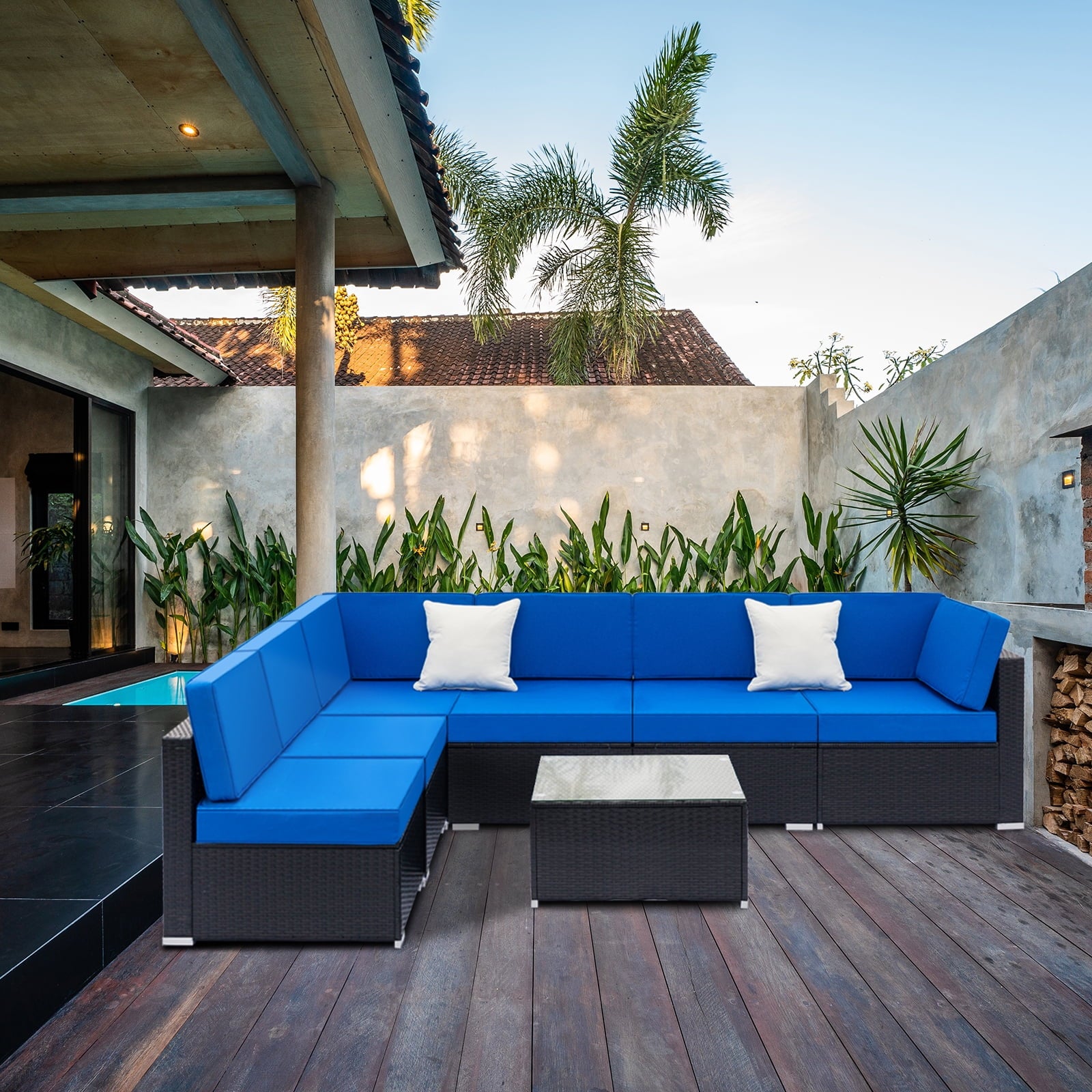 Blue and Black PE Rattan Patio Sectional Set with Table E66707
