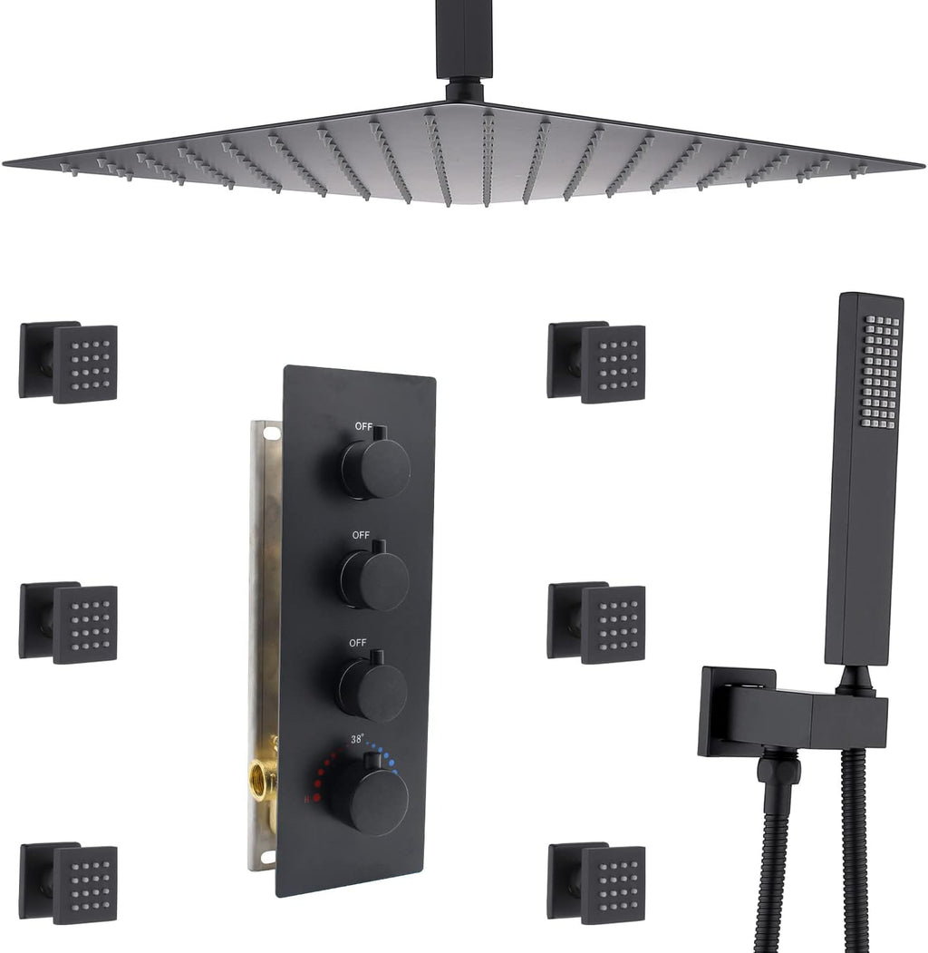 Brushed Nickel 16inch Rainfall Shower System with Body Jets Thermostatic Mixer Shower Faucet Set V6702