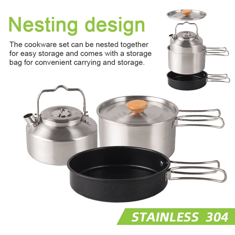 Stainless Steel Camping Cookware Set with Pot Frying Pan Kettle L932748