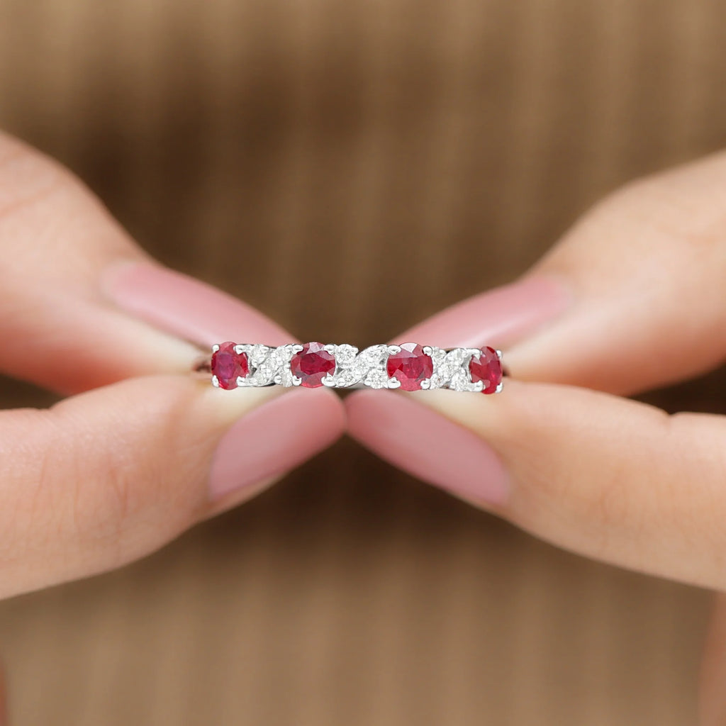 18K White Gold Ruby Half Eternity Ring with Diamond Y584405
