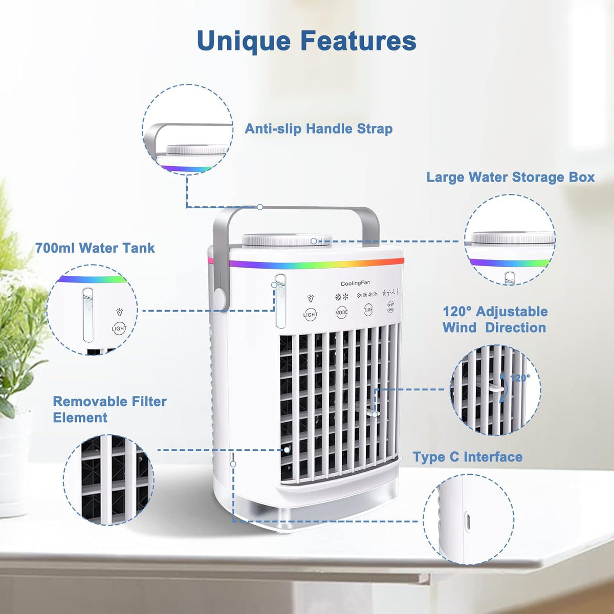 Portable Desktop Air Cooler Fan with 4 Wind Speed, LED Light, 2 Spray Humidify, 2-8H Timer, Pack of 2 E6357