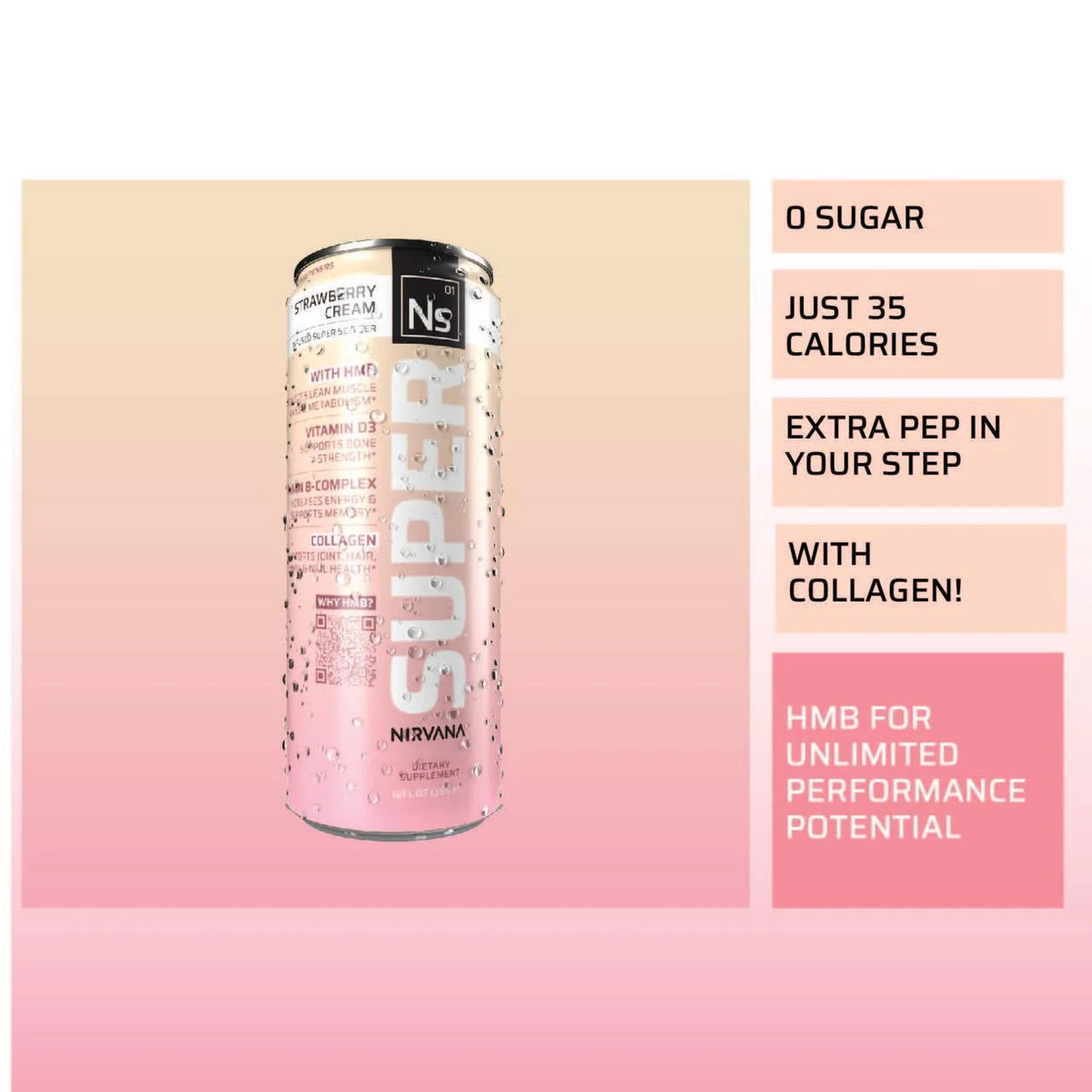 Strawberry Cream HMB-infused Seltzer with Vitamin D3, B-Complex, Caffeine, and Collagen (12 fl oz cans) W358677
