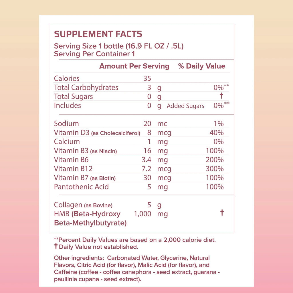 Strawberry Cream HMB-infused Seltzer with Vitamin D3, B-Complex, Caffeine, and Collagen (12 fl oz cans) W358677