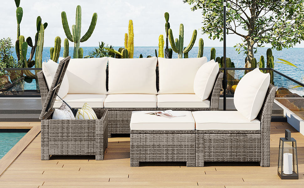 Beige Rattan Wicker Outdoor Sofa Set with Storage Table I545