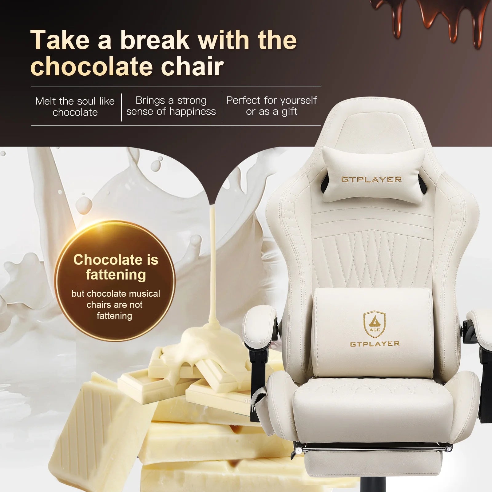 Ivory PVC Leather Gaming Chair with Footrest E600