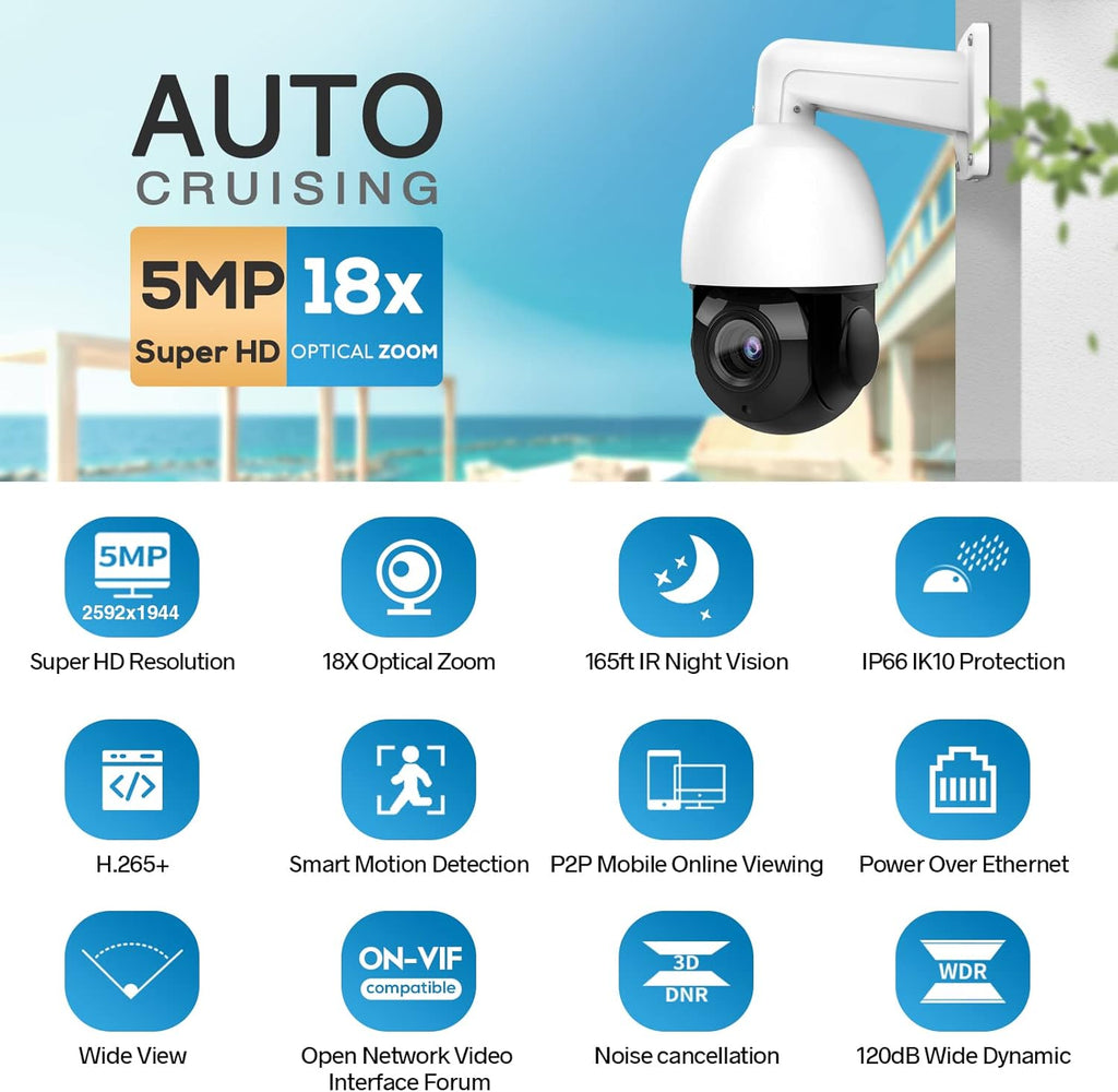 5MP PTZ Camera Outdoor, PoE Speed Dome IP Camera, 18x Optical Zoom, 165ft IR Night Vision, IP66 Security Cameras R636919
