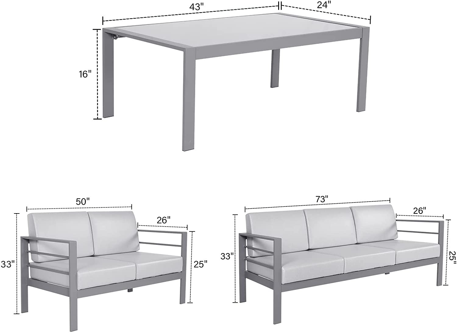 3 Pieces Metal Patio Sectional Sofa with Waterproof Cushion and Coffee Table I7894