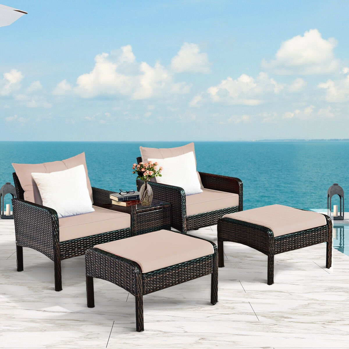 5 Pieces Patio Rattan Wicker Furniture Set Sofa Ottoman with Brown Cushion Armchair Set A683