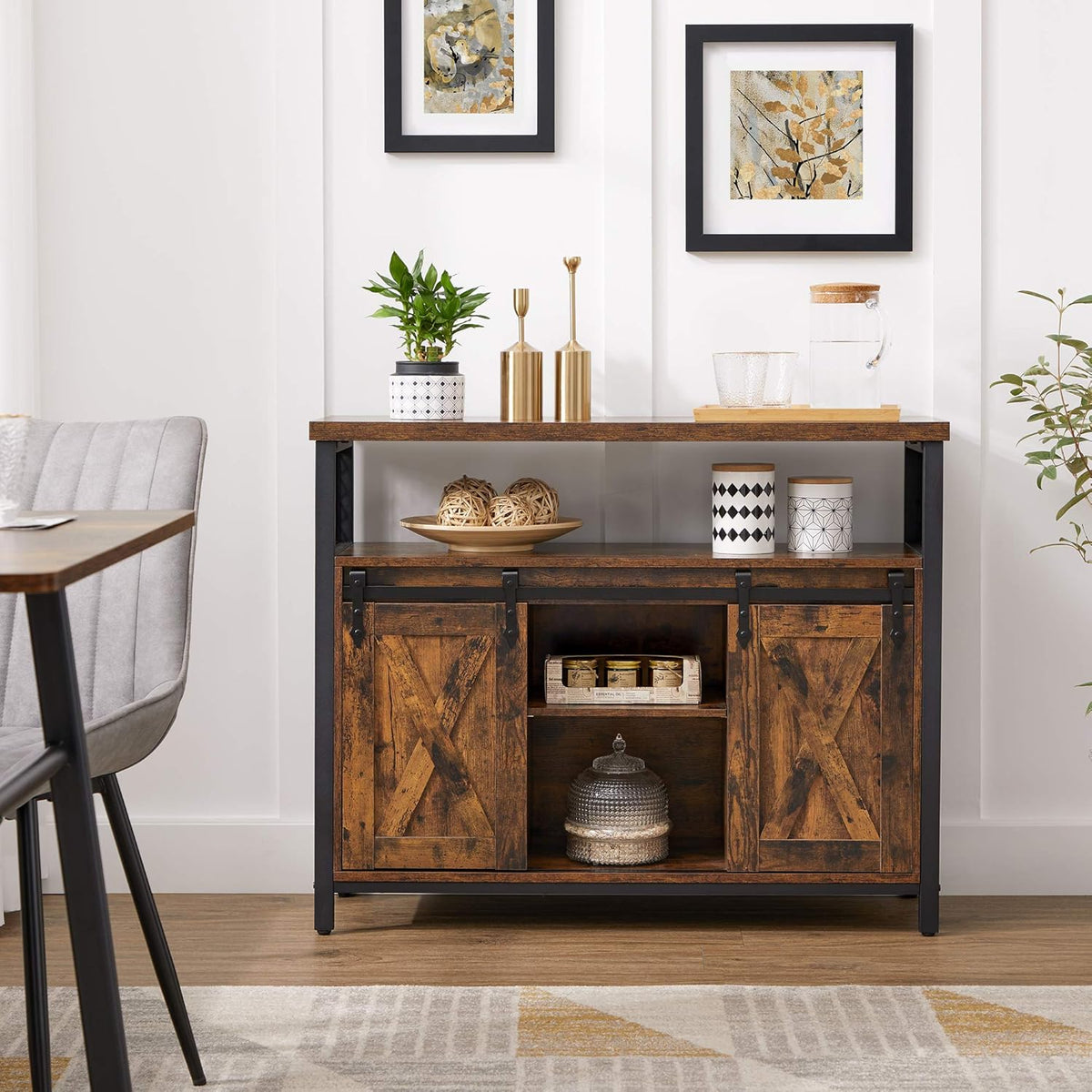 Rustic Brown and Black Buffet Cabinet with Adjustable Shelf J98767