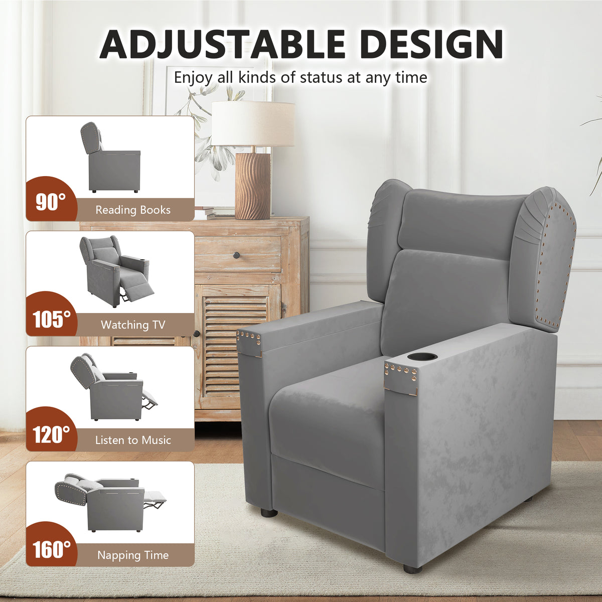 Gray Velvet Recliner Chair with Cup Holder and Table L23294
