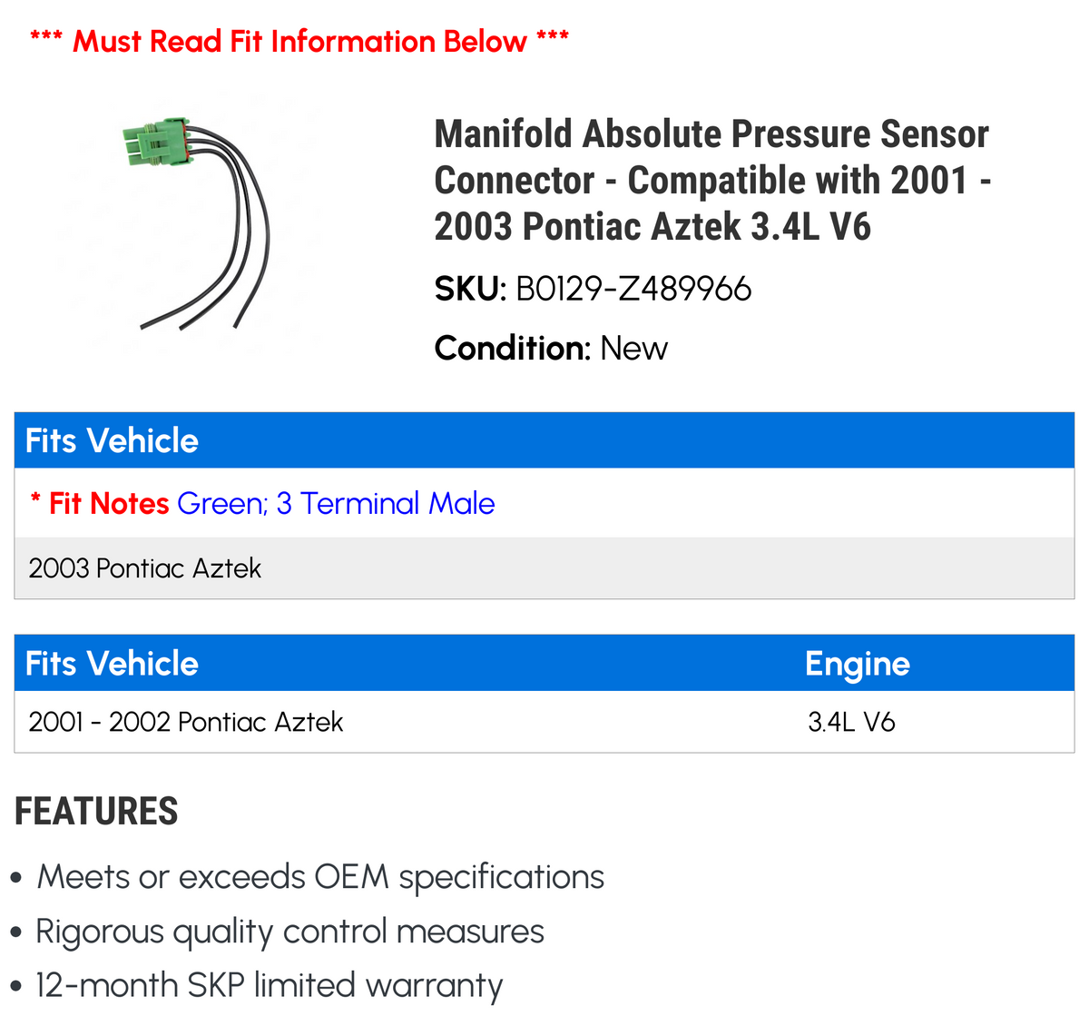 Manifold Absolute Pressure Sensor Connector U925