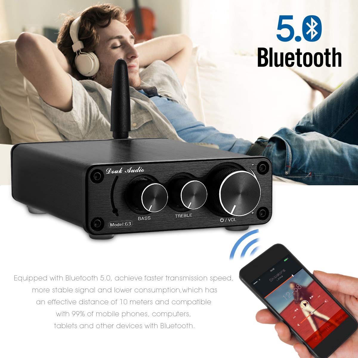 2 Channel Bluetooth 5.0 Power Amplifier 100W Class D Stereo Mini Amp Wireless Receiver Pack of 2 H309187