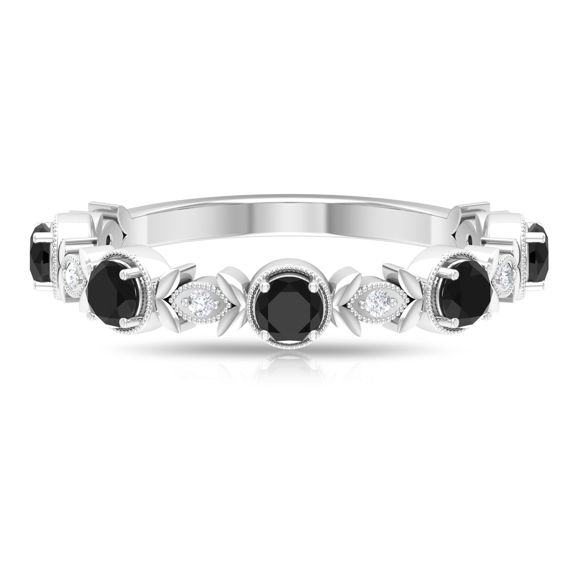 Black Spinel Ring Half Eternity Ring, 925 Sterling Silver, US 4.00 S644