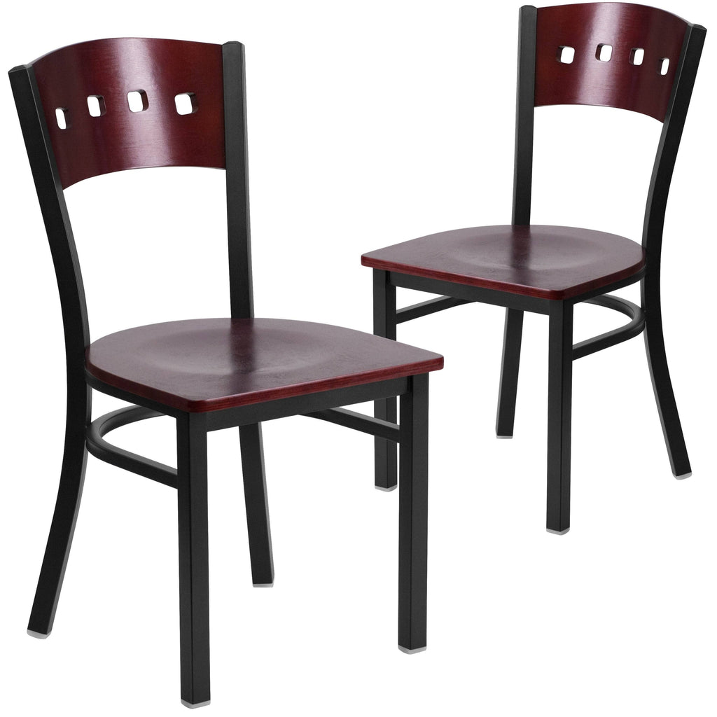 2 Pk Decorative Metal Restaurant Chair Mahogany Wood Back Black U54142
