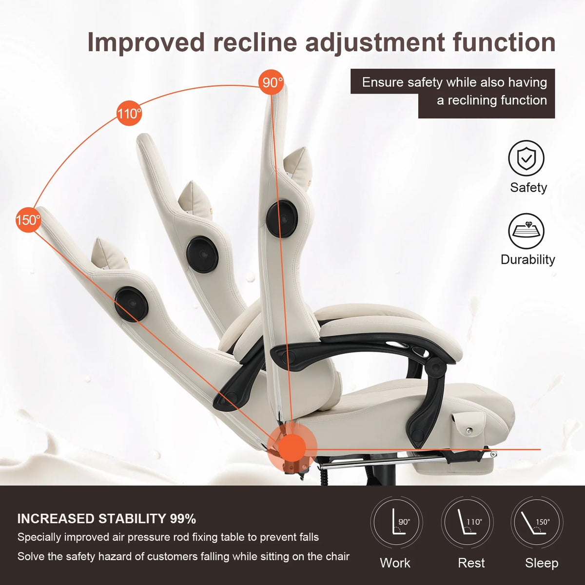Ivory PVC Leather Gaming Chair with Footrest E600
