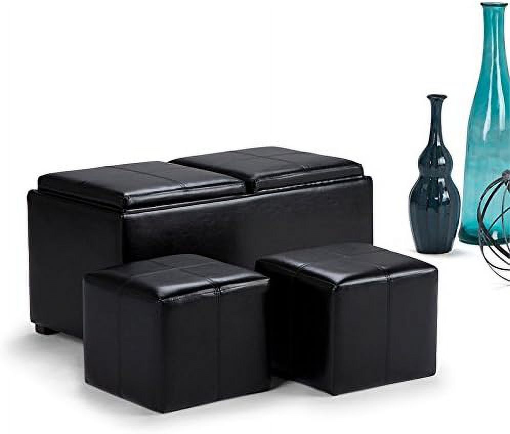 Black Faux Leather 5 Piece Ottoman Coffee Table with 2 Serving Trays W8671