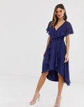 Navy-Blue Cape Back Dipped Hem Midi Dress O7367