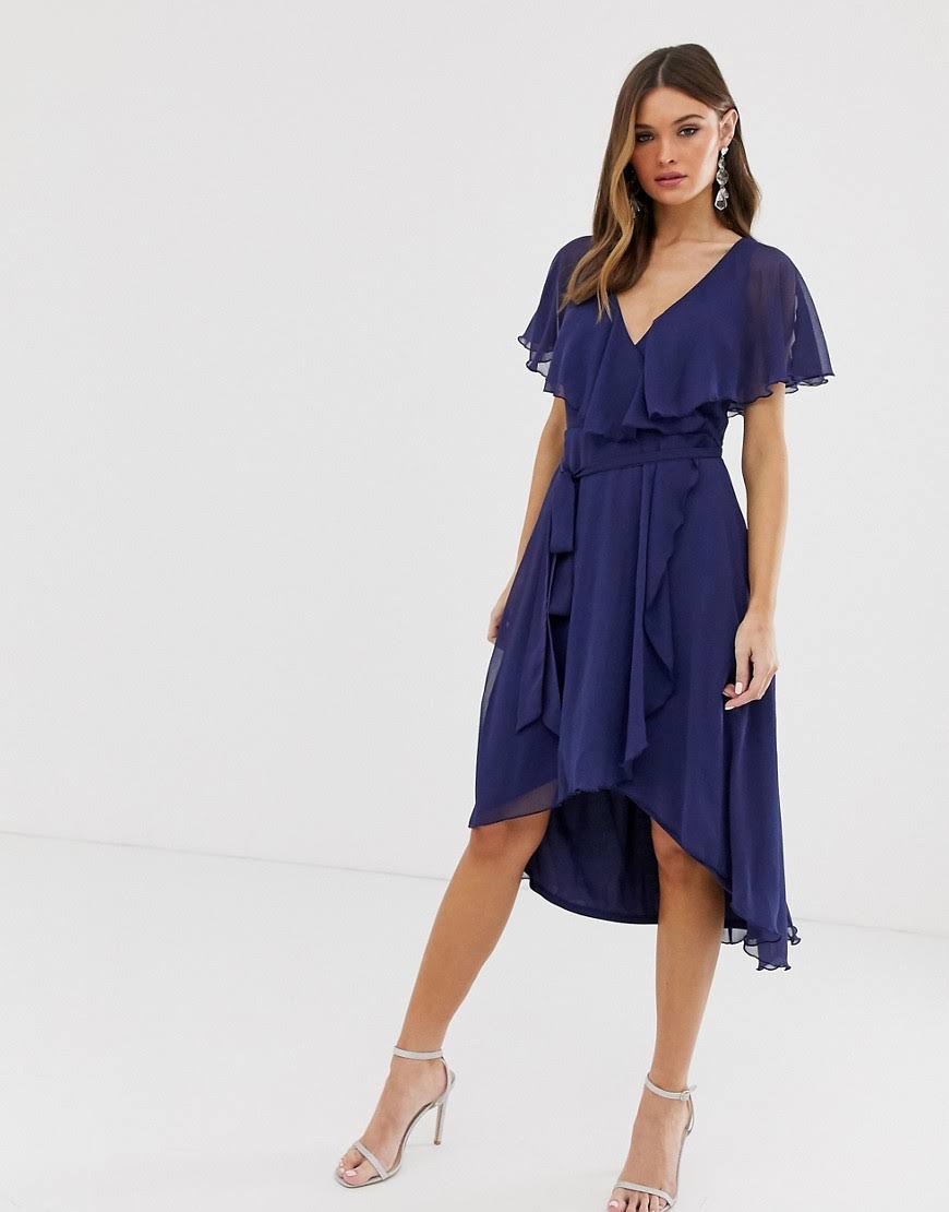 Navy-Blue Cape Back Dipped Hem Midi Dress O7367