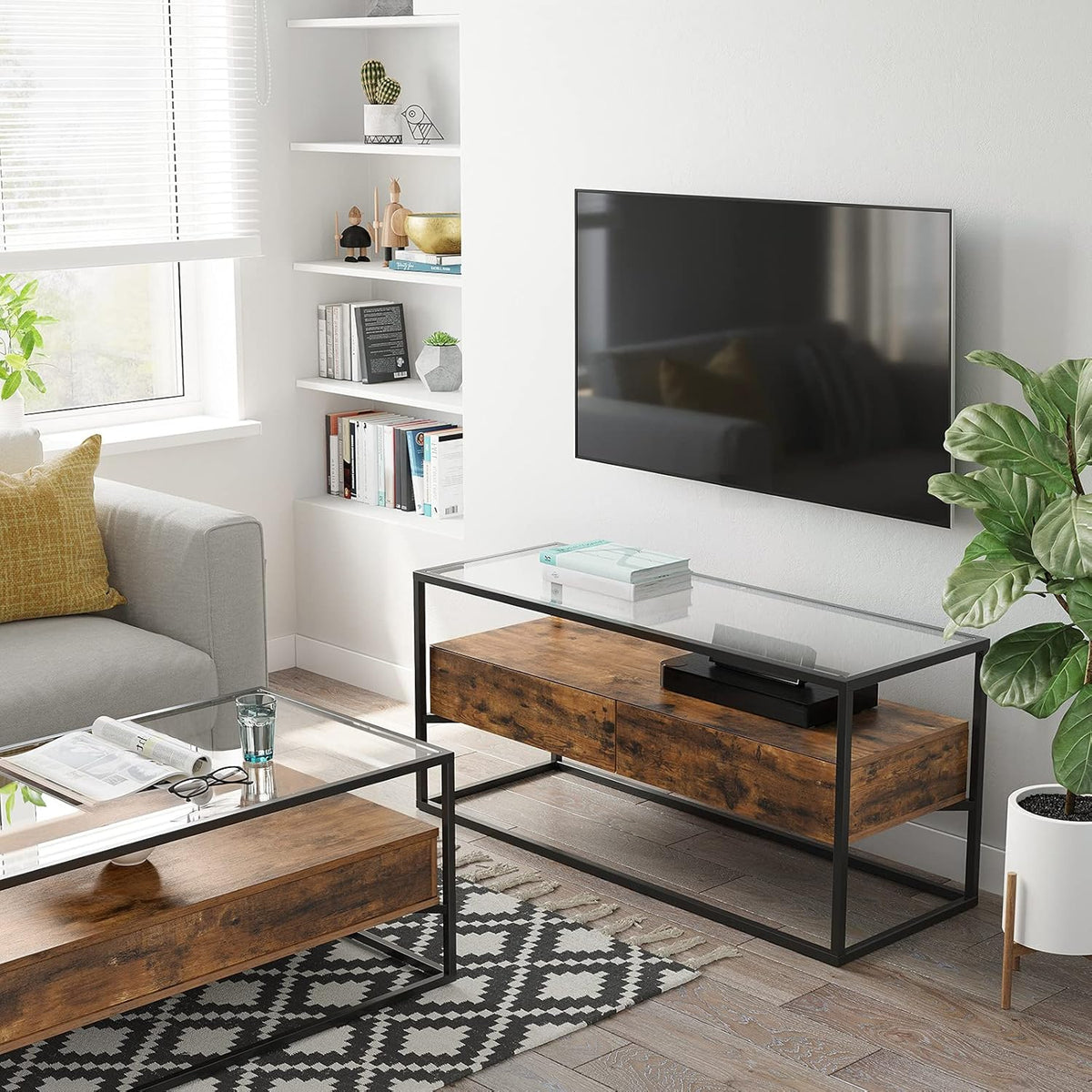 Rustic Brown and Black TV Cabinet with 2 Drawers N239006