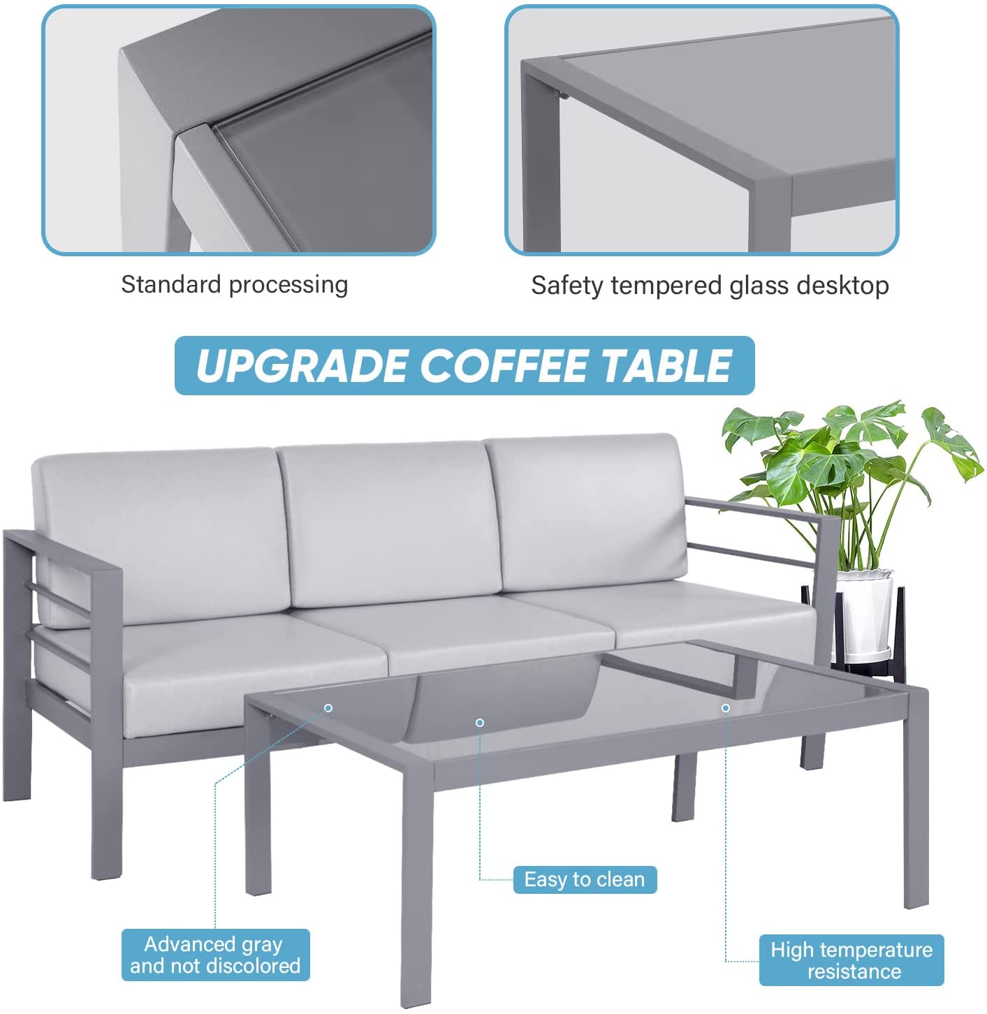 3 Pieces Metal Patio Sectional Sofa with Waterproof Cushion and Coffee Table I7894