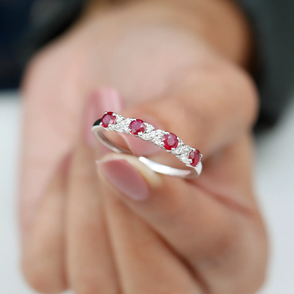 18K White Gold Ruby Half Eternity Ring with Diamond Y584405