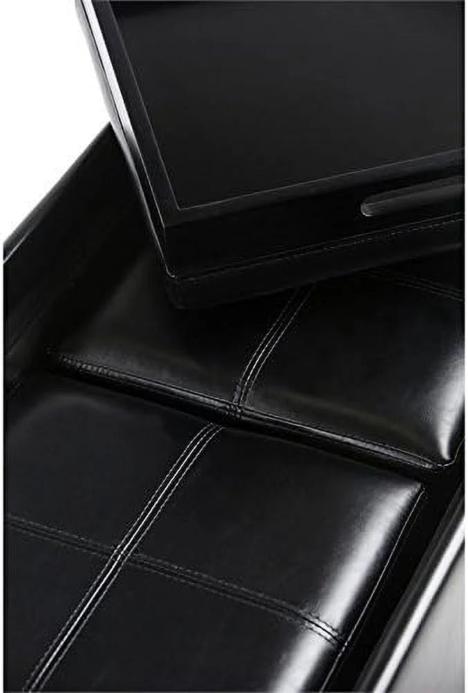 Black Faux Leather 5 Piece Ottoman Coffee Table with 2 Serving Trays W8671