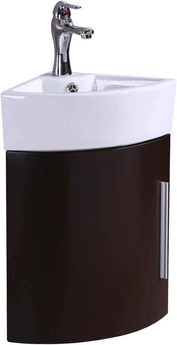 White Vitreous China Wall Mount Vanity Sink with Dark Oak Cabinet and Chrome Faucet N6906