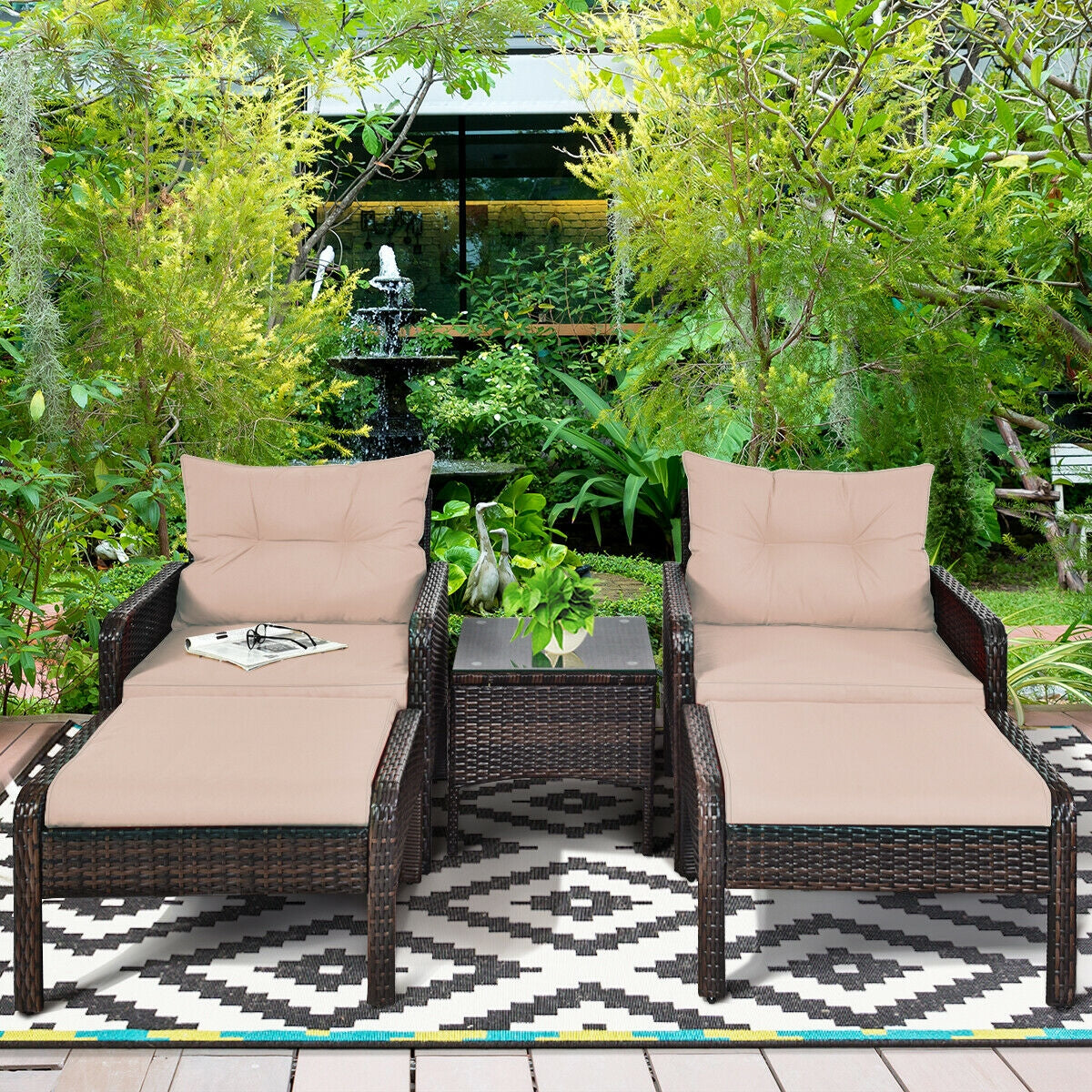 5 Pieces Patio Rattan Wicker Furniture Set Sofa Ottoman with Brown Cushion Armchair Set A683